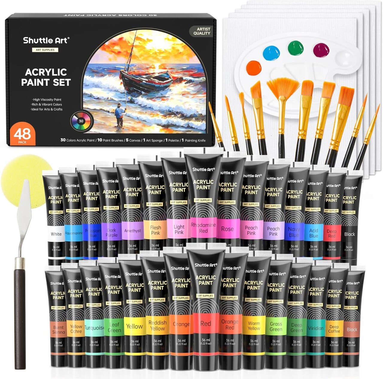 48 Pack Acrylic Paint Set, 30 Colors Acrylic Paint (36ml) with 10 Brushes 5 Canvas 1 Paint Knife 1 Palette 1 Art Sponge, Complete Set for Kids, Adults Painting on Canvas Rocks Wood Ceramic